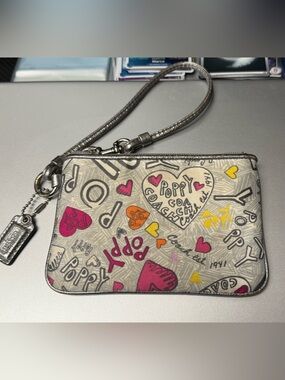 Coach Poppy Heart Print Wristlet - Pink, Yellow, Silver